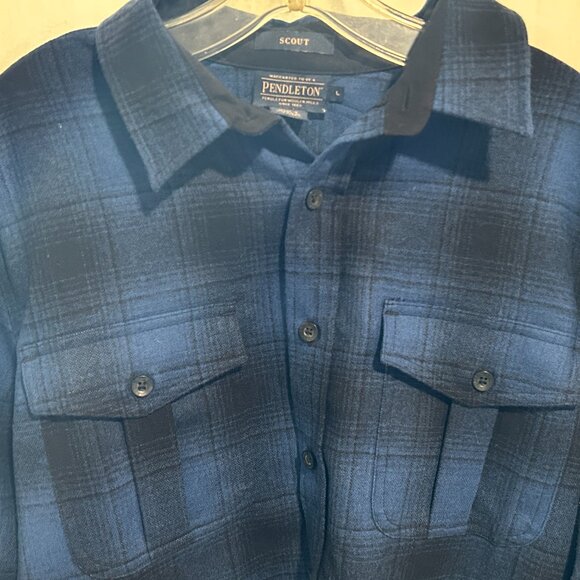 NEW PENDLETON Scout Sz L Blue Black Buffalo Plaid 100% Wool Long Sleeve Shirt - Picture 3 of 7